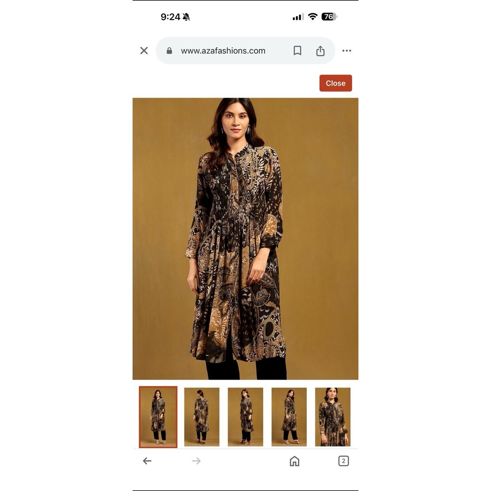 Ritu‎ Kumar Dress Crepe Collared Dewey Pleated Kurta Paisley Viscose Size XL